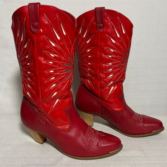 dingo Shoes - VTG DINGO Outwest Leather RED Inlay Coastal Cowgirl Boots 6.5 line dancing READ!
